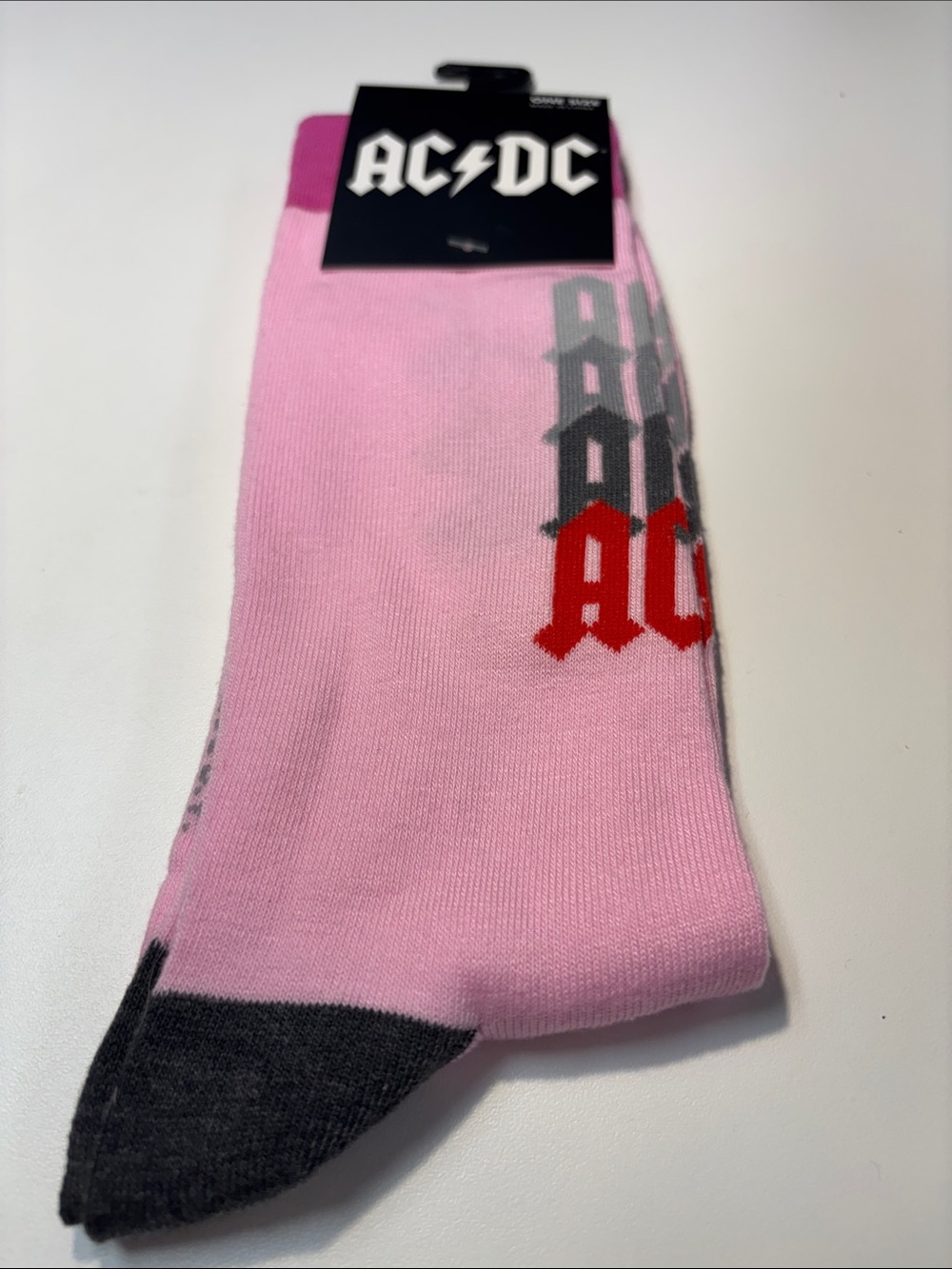 AC/DC Pink Crew Socks with Gray Toe and Red Logo